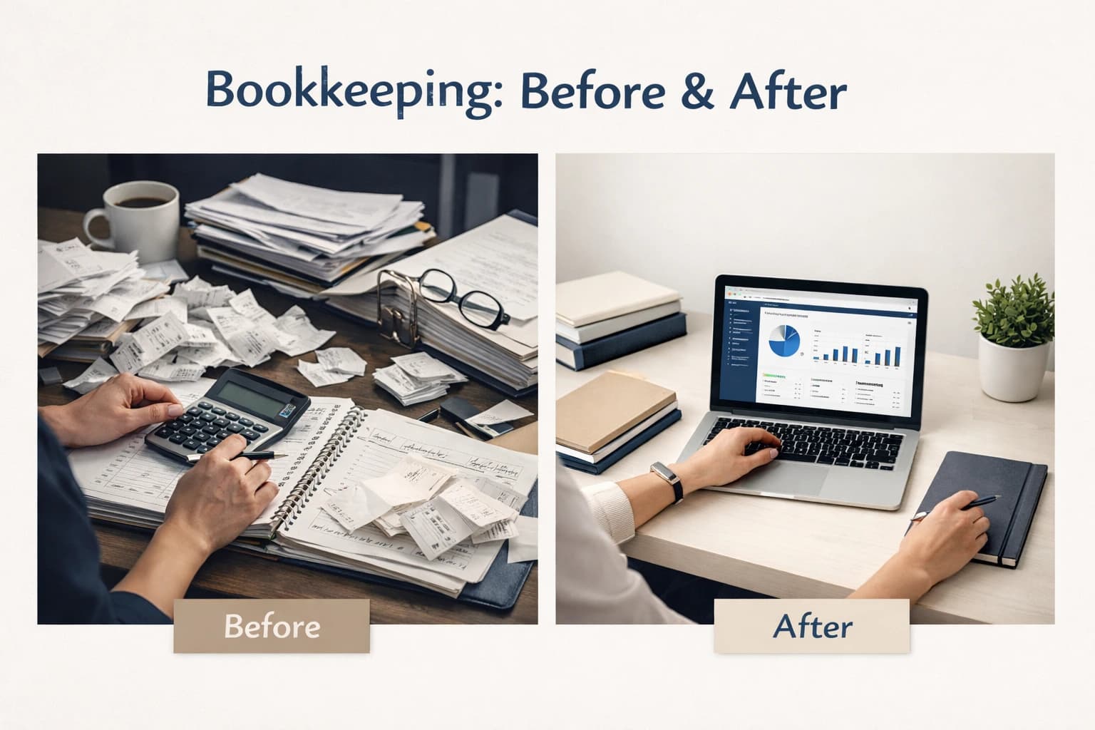 Infographic showing bookkeeping improvements before and after using receipt templates