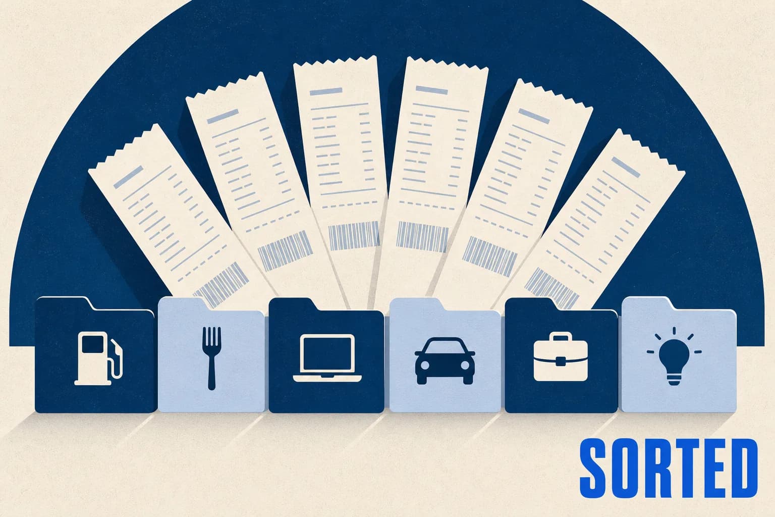 A fan of receipts dropping into labelled category folders