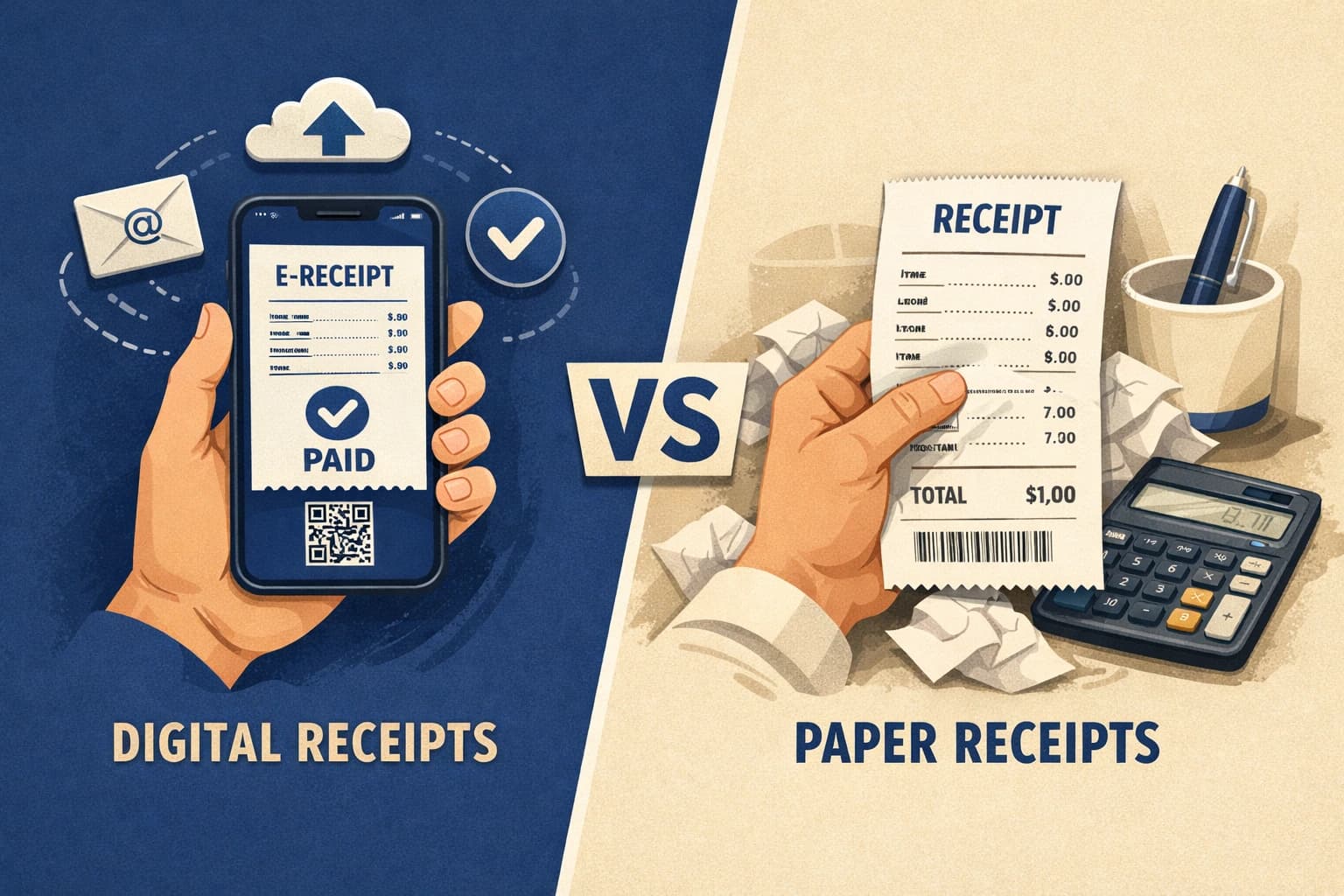 Digital receipt on a smartphone screen next to a paper receipt on a desk