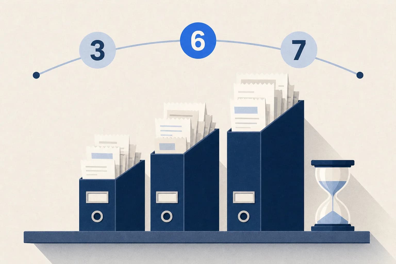 Illustration of archive boxes of receipts beneath a calendar timeline marked three, six and seven years