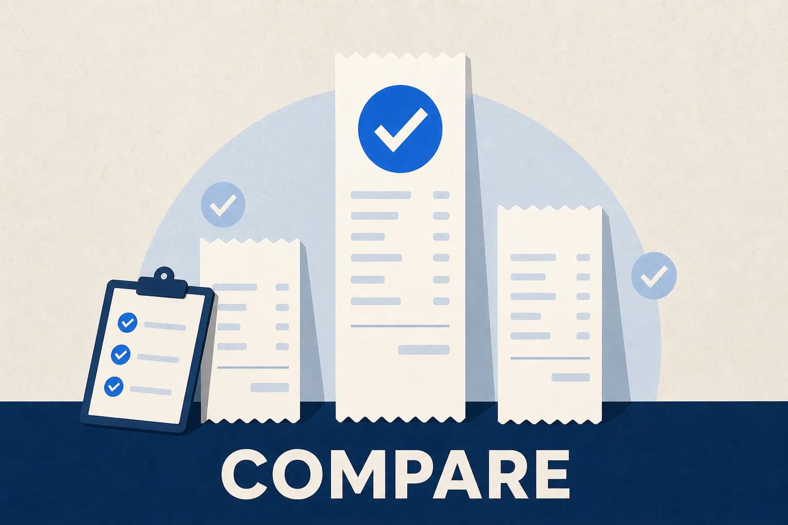 Three receipts of different heights compared side by side with a checklist clipboard