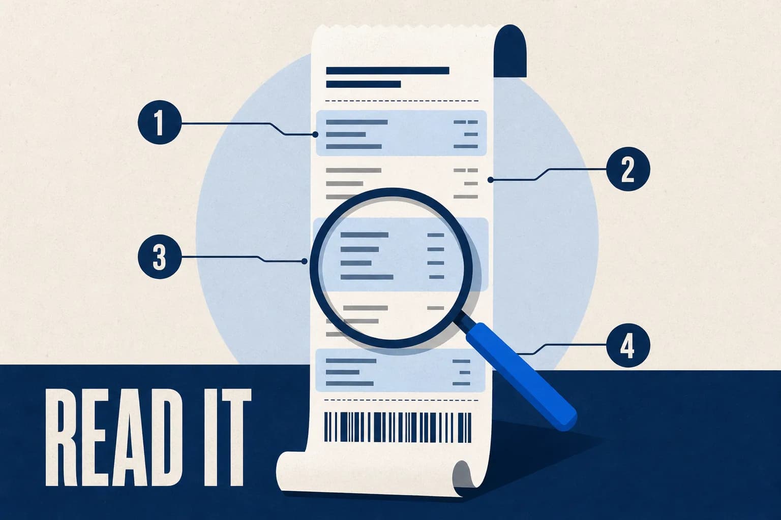 Illustration of a till receipt with a magnifying glass and four numbered callout markers