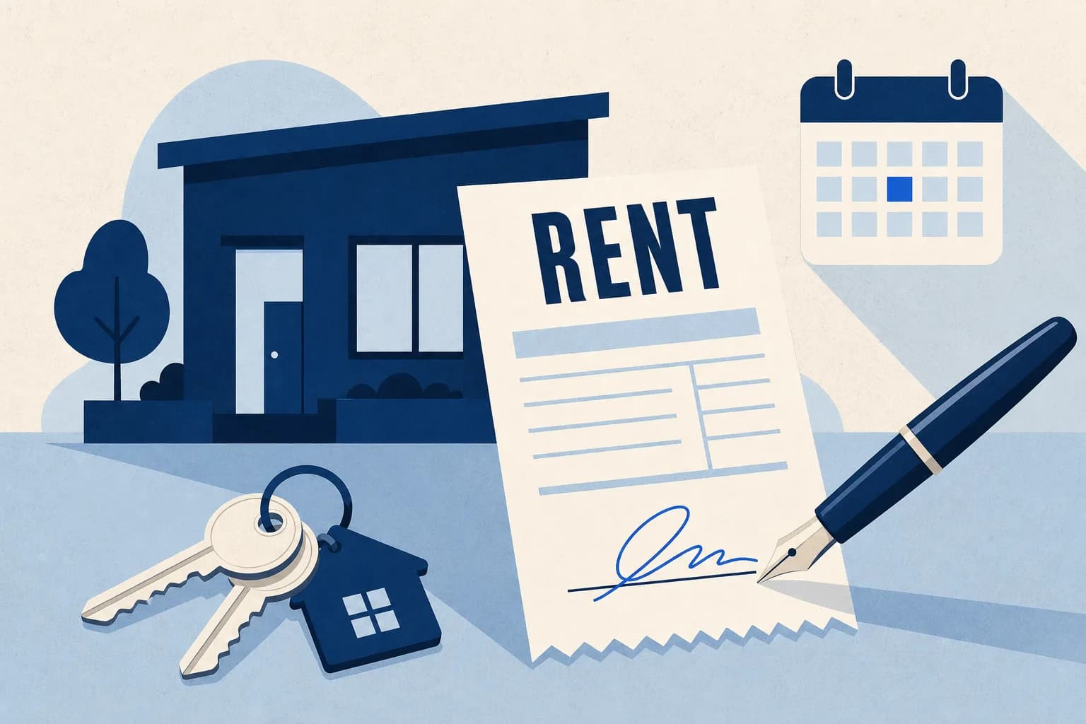 Illustration of a rent receipt being signed beside a house icon and a set of keys