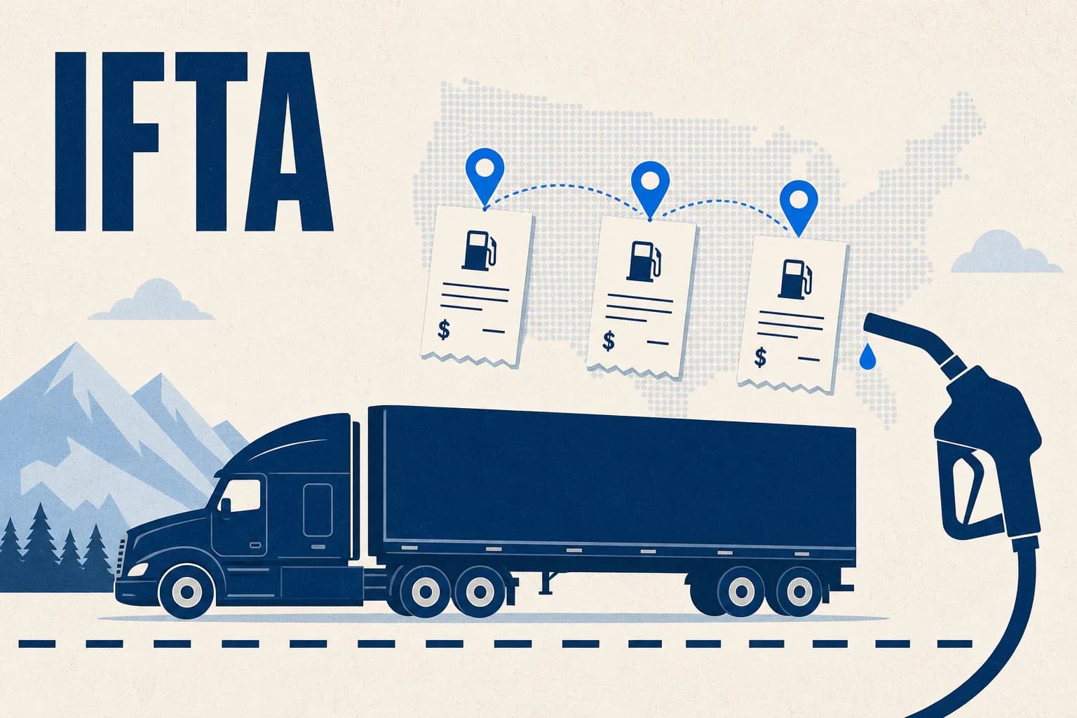 A long-haul truck beneath three fuel receipts pinned with location markers on a US map