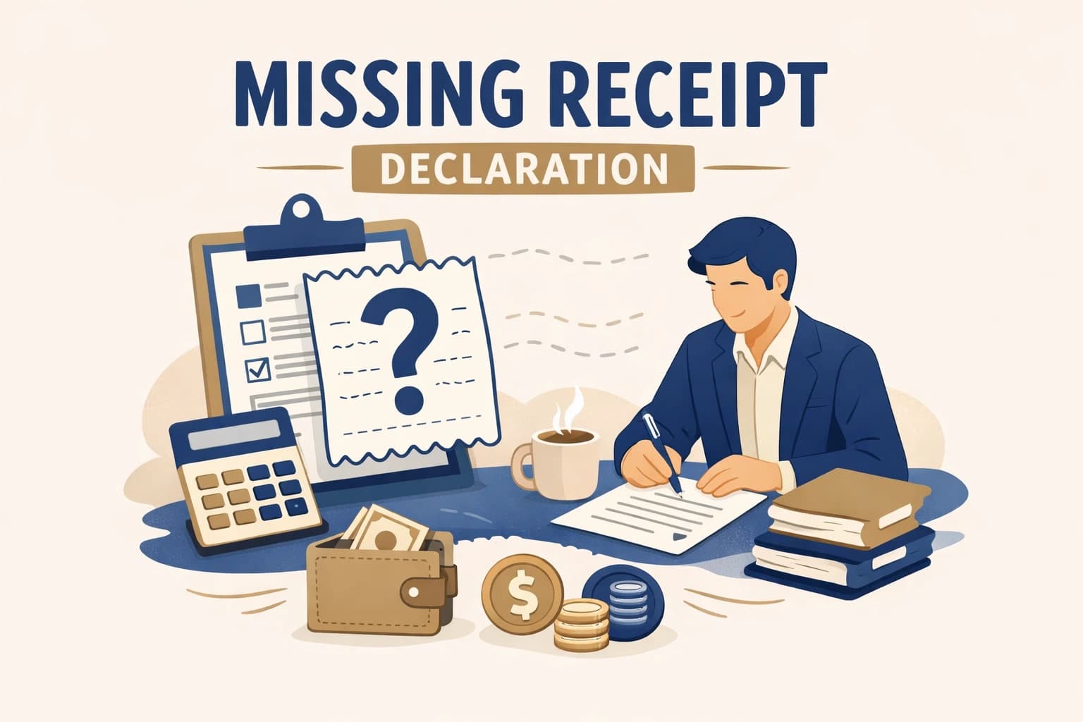 Person writing a missing receipt declaration form at a desk