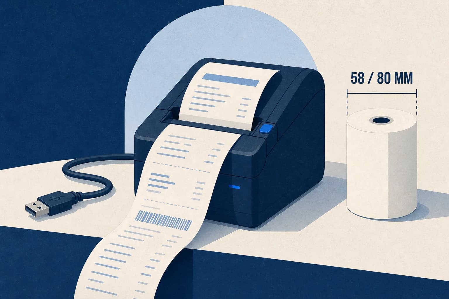 A desktop thermal receipt printer feeding a long receipt beside a roll of thermal paper