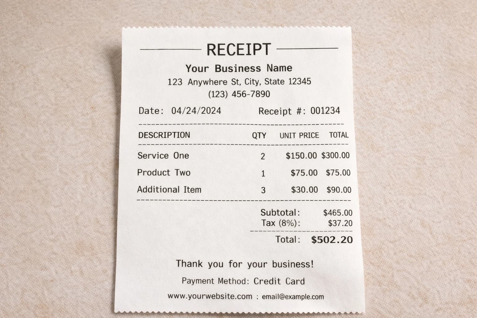 Example of a branded small business receipt template