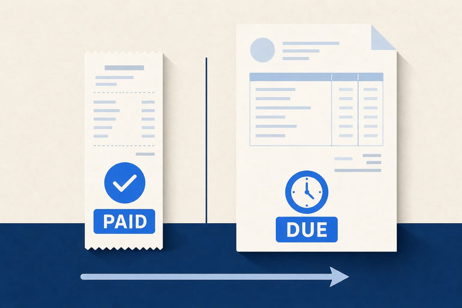 A paper receipt marked paid beside an invoice marked due, separated by a dividing line