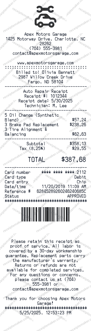 Auto Repair Receipt