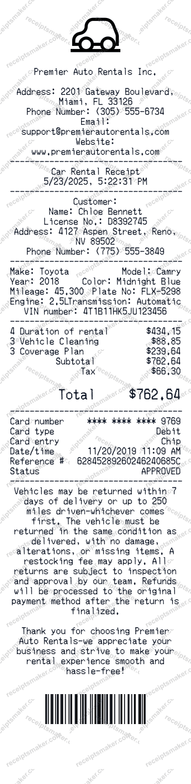 Car Rental Receipt