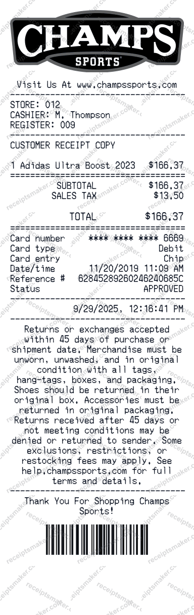Champs Sports Receipt