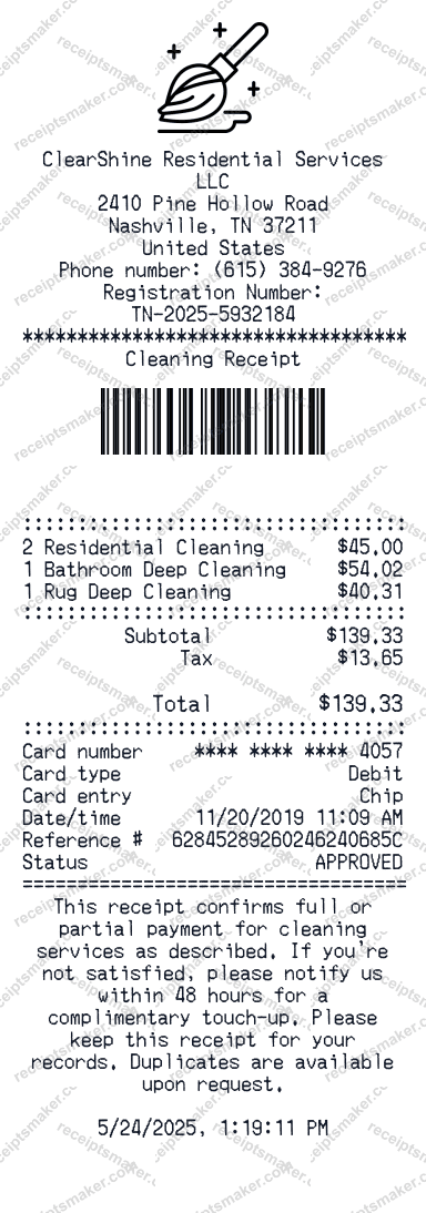 Cleaning Receipt