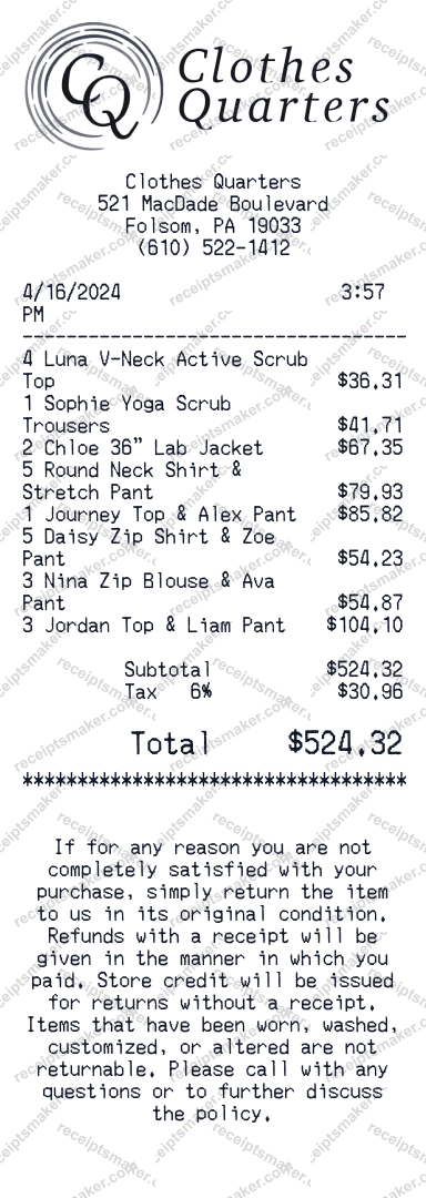 Clothes Quarters Receipt