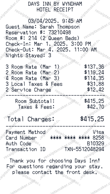 Days Inn Hotel Receipt