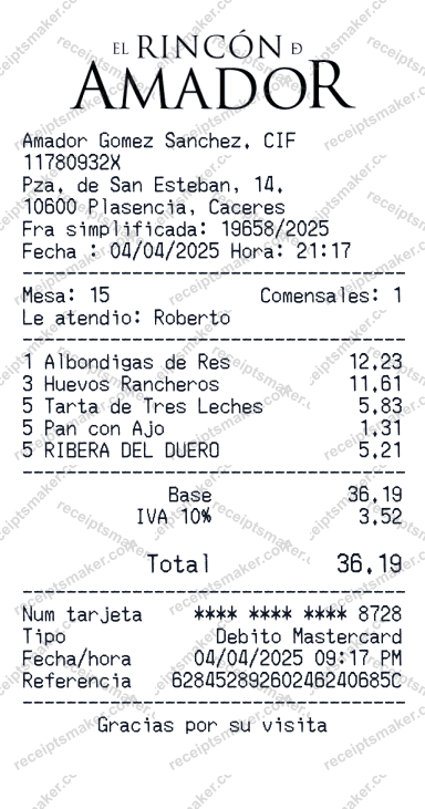 El Rincon De Amador Restaurant Receipt