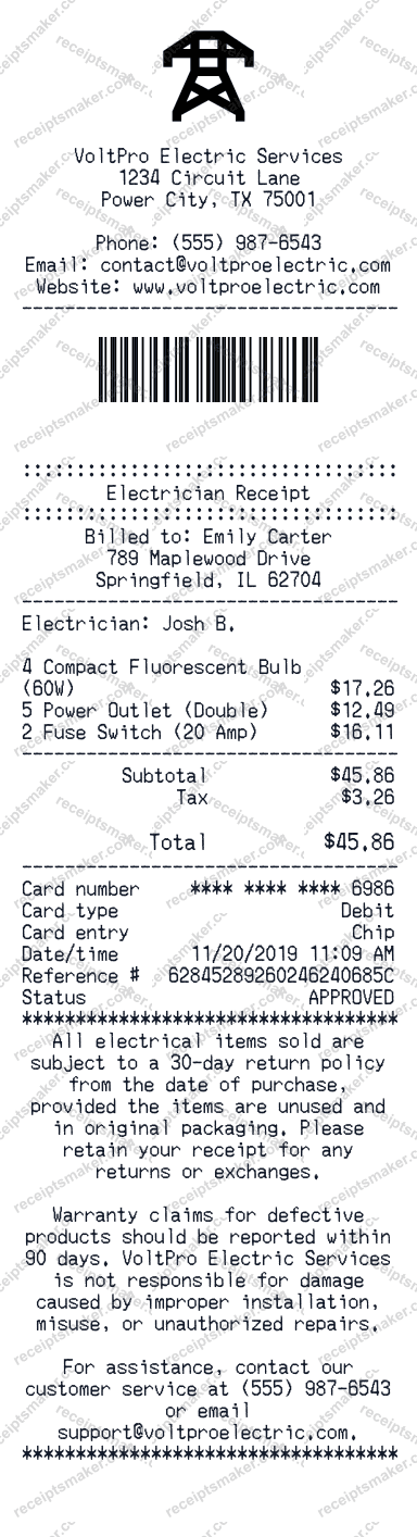 Electrician Receipt