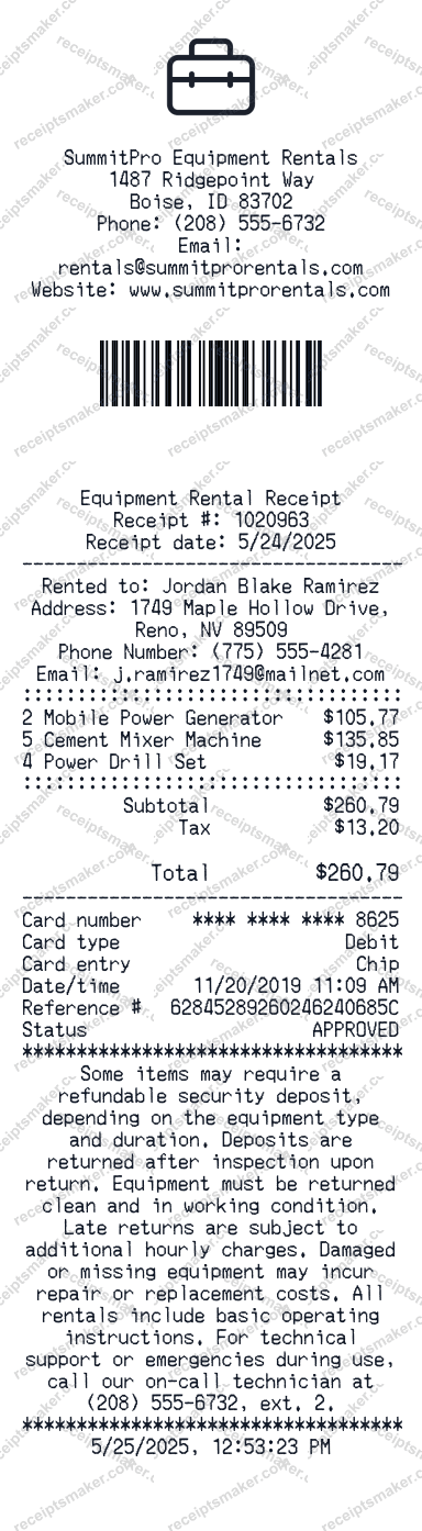Equipment Rental Receipt