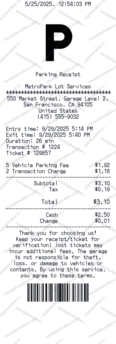 Generic Parking Receipt