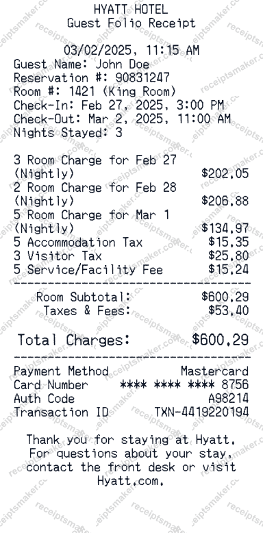 Hyatt Hotel Receipt