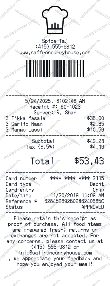 Indian Restaurant Bill