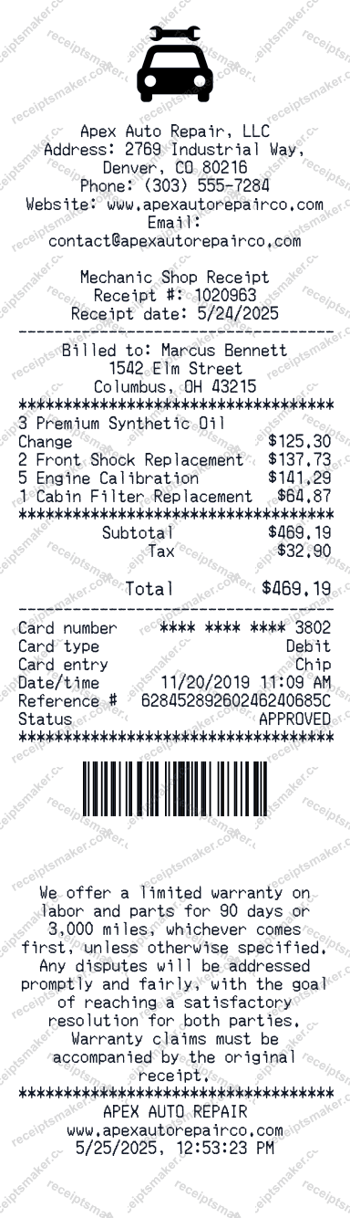 Mechanic Shop Receipt