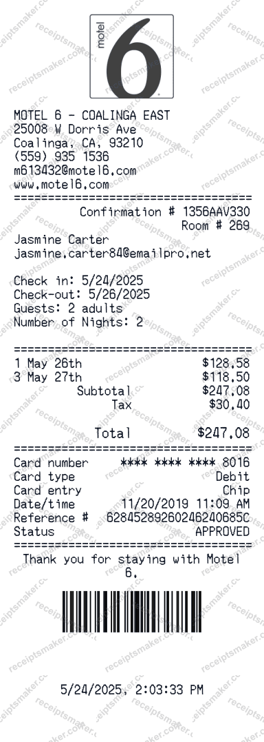 Motel 6 Receipt
