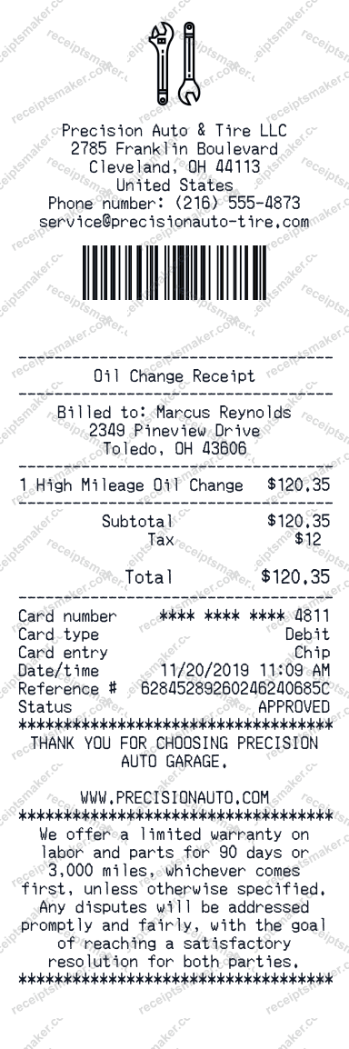 Oil Change Receipt