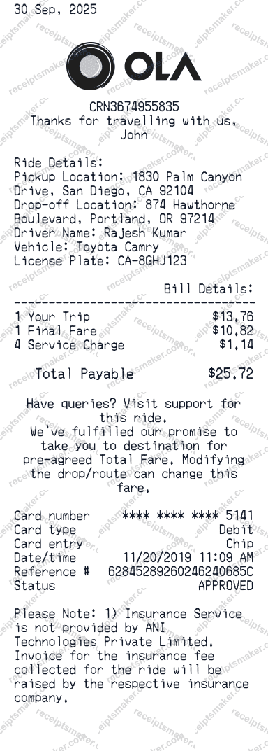 Ola Cab Receipt