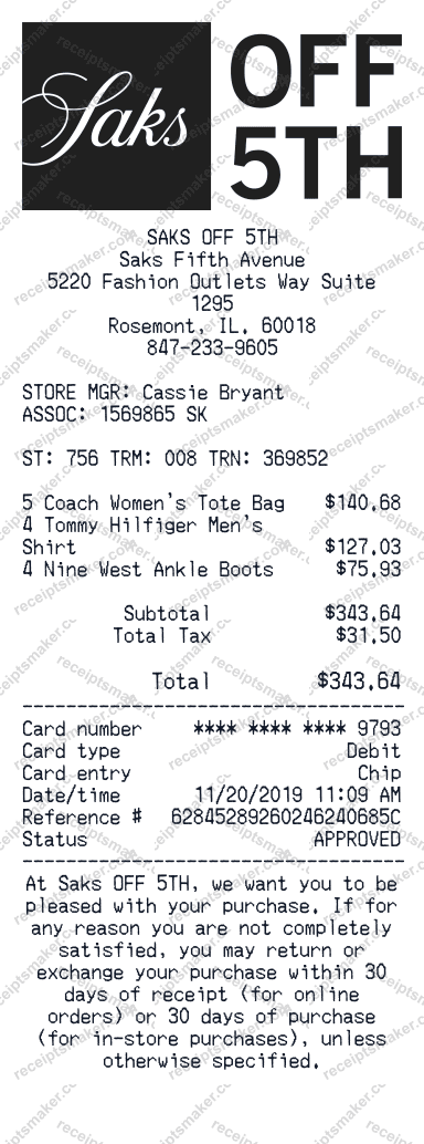 Saks Fifth Receipt