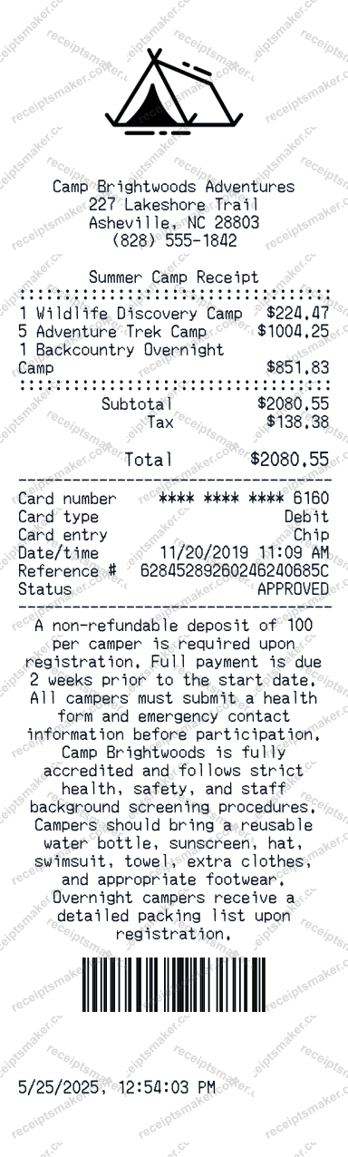 Summer Camp Receipt