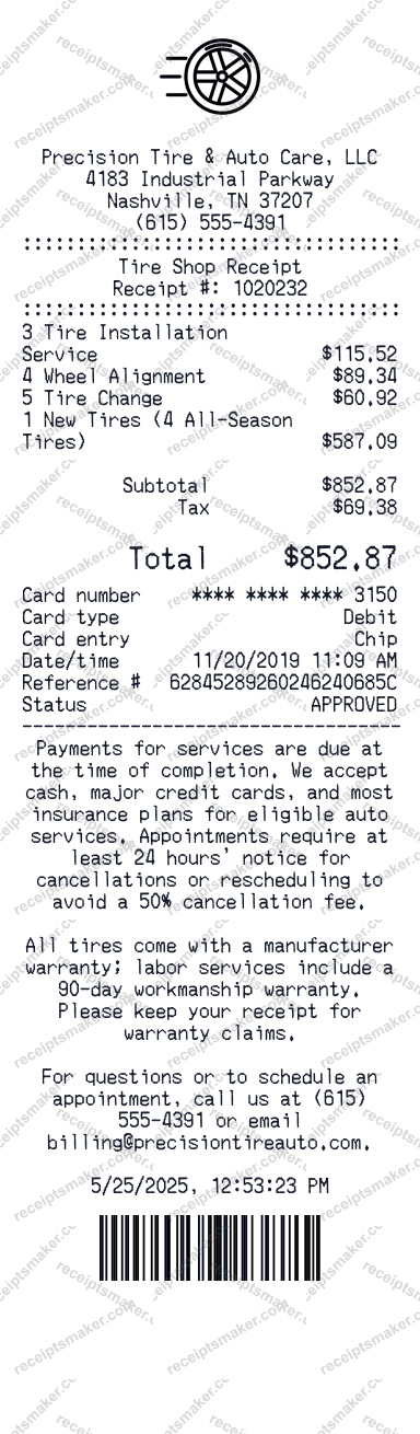 Tire Shop Receipt