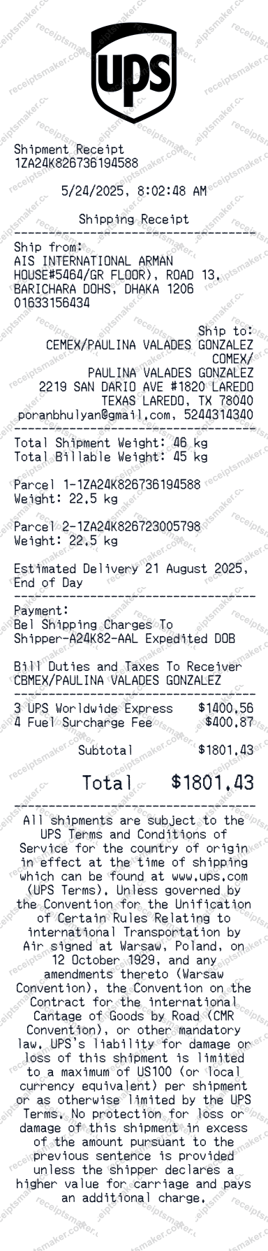 UPS Shipping Receipt