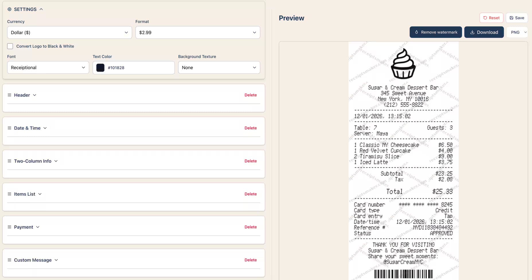 Equipment Rental Receipts editor interface showing customization options