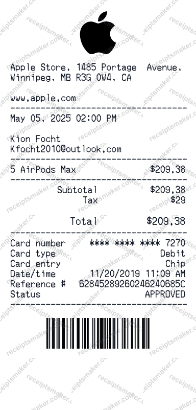 Apple Receipt example with AirPods Generation 3 and 3 more items totalling 278 dollars