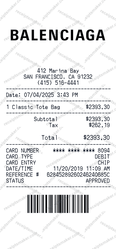 Balenciaga receipt example with Hourglass Bag, Tax and 3 more items totalling 3212 dollars 19 cents