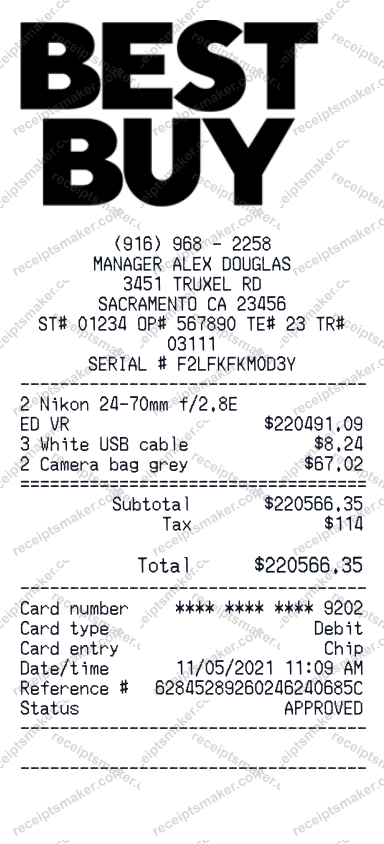 Best Buy Receipt example Camera Canon EF24-70mm f/2.8L II USM, Black USB wire, and Photo port case, totalling 1887 dollars 77 cents