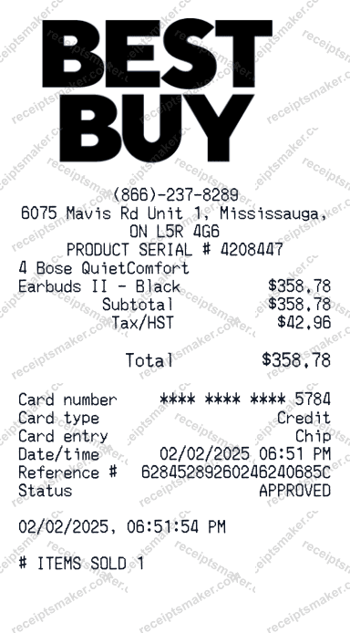 Best Buy Receipt example Sony WF1000XM5 In Ear Noise Cancelling True Wireless Earbuds Black for 373 dollars 40 cents with 42 dollars 96 cents tax totalling 416 dollars 36 cents