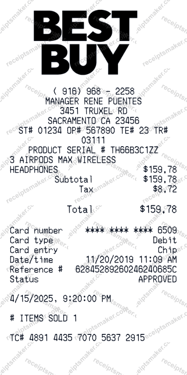 Best Buy Receipt example with AirPod Pro 2nd Generation, totalling $207.71