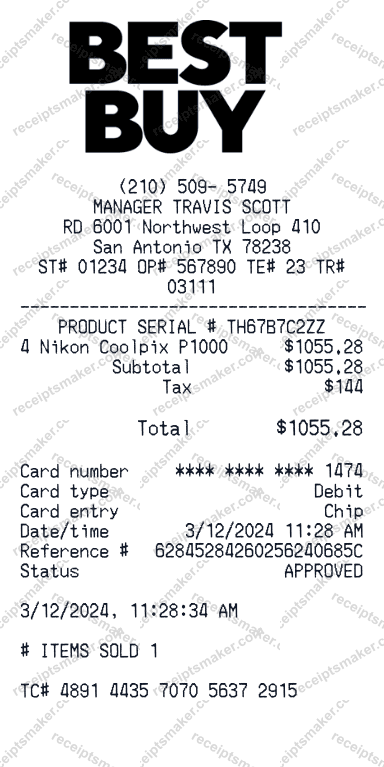 Best Buy Receipt example with Canon PowerShot G7 X Mark III and 1 more items totalling 1652 dollars 99 cents
