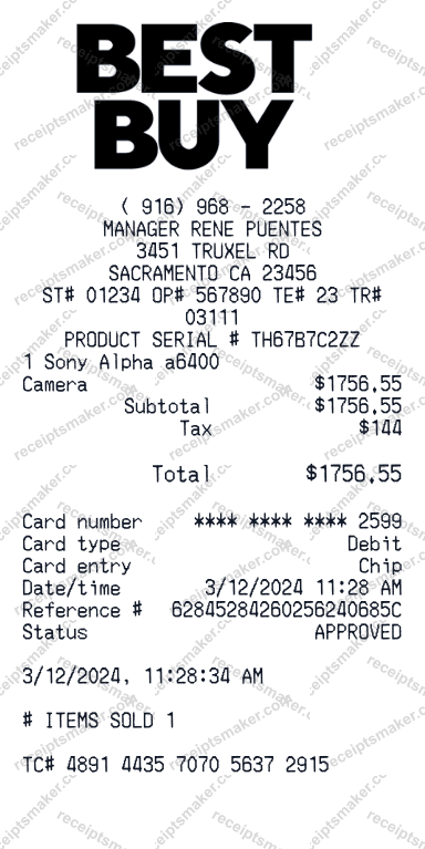 Best Buy Receipt example with Canon PowerShot G7 X Mark III, Total 1652 dollars 99 cents