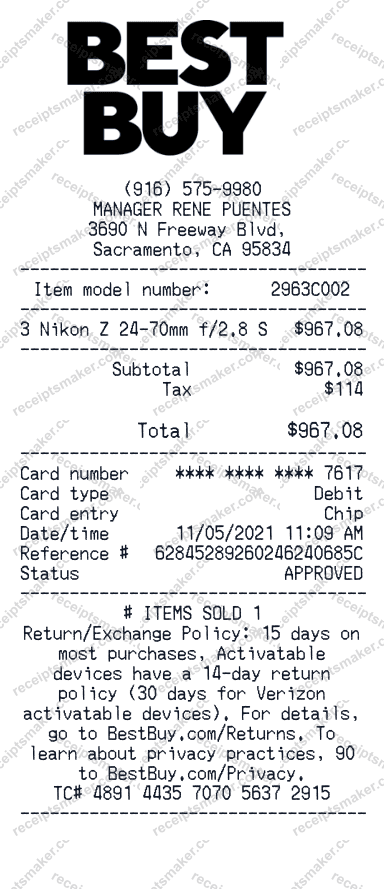 Best Buy Receipt example with Canon RF 24-105mm f/4L IS USM lens and 3 more items totalling $1,413.99