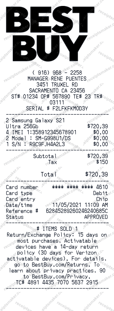 Best Buy Receipt example with Iphone 12 Pro Max 128Gb and 3 more items totalling $1,149