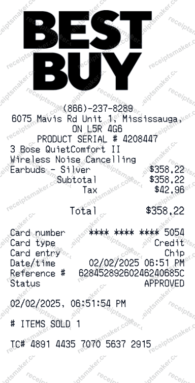 Best Buy Receipt example with Sony WF1000XM5 In-Ear Noise Cancelling True Wireless Earbuds and 1 more items totalling 416 dollars 36 cents