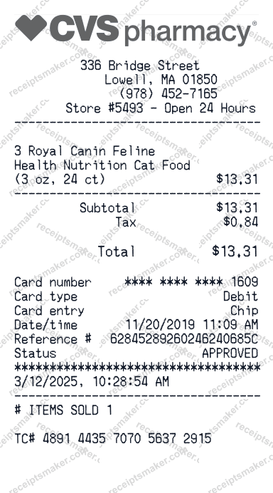 CVS Pharmacy Receipt example with Friskies Tasty Prime Fillets Assorted Cat Food and 1 more item totalling 14 dollars 33 cents