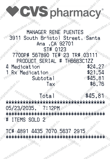 CVS Pharmacy Receipt example with Prescription and 1 more item totalling 66 dollars 76 cents