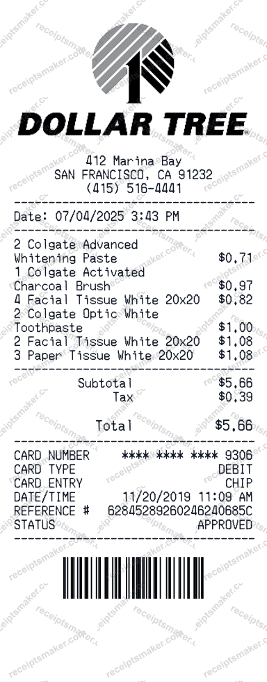 Dollar Tree receipt example with Colgate Total Whitning Tpst, Colgate Charcoal Toothbrush and 4 more items totalling 6 dollars 39 cents