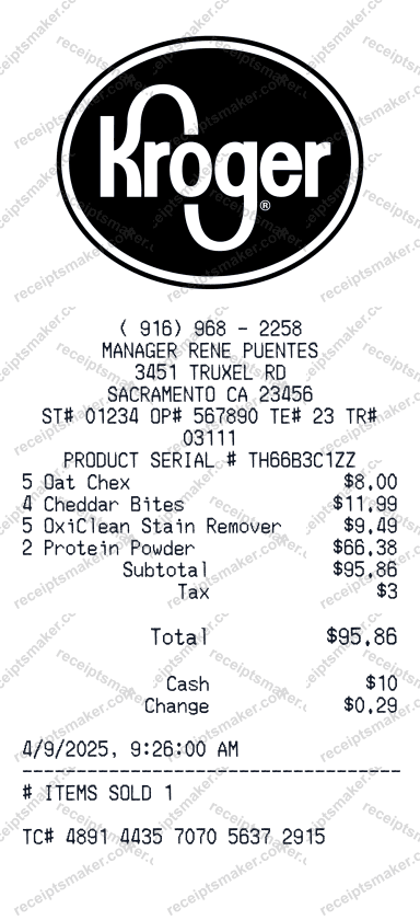 Kroger Receipt example Steak, Rice Chex, Cheez-Its, Tide Rescue Laundry Stain, and BSN with 4 more items totalling $97.29