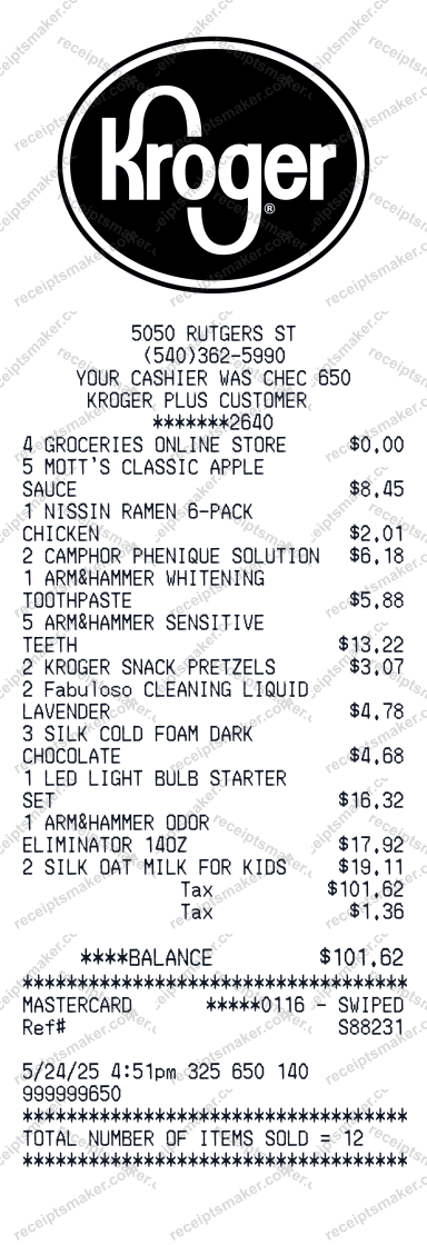 Kroger Receipt example with Apple Sauce, Ramen, Campho-Phenique Liquid and 9 more items totalling 99 dollars 9 cents