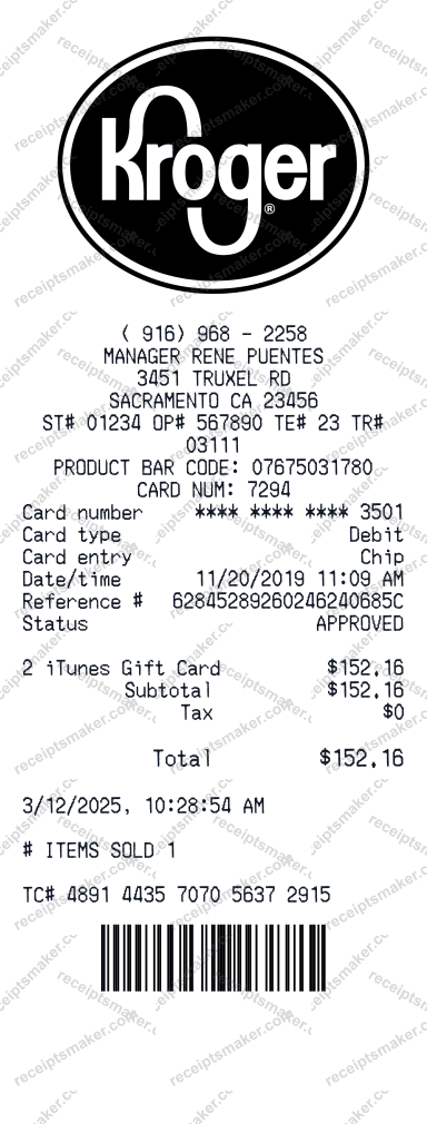 Kroger Receipt example with Google Play Card for 200 dollars