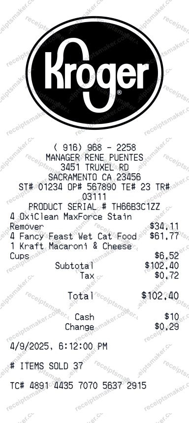 Kroger Receipt example with Tide Rescue Stain Remover, Shabe Wet Cat Food and 1 more item totalling $86.48
